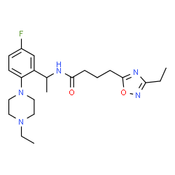 ChemSpider 2D Image | 4-(3-Ethyl-1,2,4-oxadiazol-5-yl)-N-{1-[2-(4-ethyl-1-piperazinyl)-5-fluorophenyl]ethyl}butanamide | C22H32FN5O2