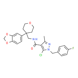 ChemSpider 2D Image | N-{[4-(1,3-Benzodioxol-5-yl)tetrahydro-2H-pyran-4-yl]methyl}-5-chloro-1-(4-fluorobenzyl)-3-methyl-1H-pyrazole-4-carboxamide | C25H25ClFN3O4