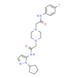 ChemSpider 2D Image | 2-(4-{2-[(1-Cyclopentyl-1H-pyrazol-5-yl)amino]-2-oxoethyl}-1-piperazinyl)-N-(4-fluorophenyl)acetamide | C22H29FN6O2
