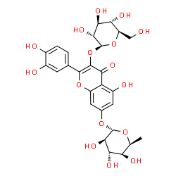 ChemSpider 2D Image | 7-[(6-Deoxy-alpha-L-idopyranosyl)oxy]-2-(3,4-dihydroxyphenyl)-5-hydroxy-4-oxo-4H-chromen-3-yl beta-D-glucopyranoside | C27H30O16