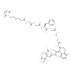 ChemSpider 2D Image | N-[6-(2,5-Dioxo-2,5-dihydro-1H-pyrrol-1-yl)hexanoyl]glycylglycyl-L-phenylalanyl-N-[(2-{[(1S,9S)-9-ethyl-5-fluoro-9-hydroxy-4-methyl-10,13-dioxo-2,3,9,10,13,15-hexahydro-1H,12H-benzo[de]pyrano[3',4':6,
7]indolizino[1,2-b]quinolin-1-yl]amino}-2-oxoethoxy)methyl]glycinamide | C52H56FN9O13