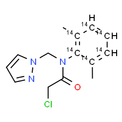 ChemSpider 2D Image | 2-Chloro-N-[2,6-dimethyl(~14~C_6_)phenyl]-N-(1H-pyrazol-1-ylmethyl)acetamide | C814C6H16ClN3O