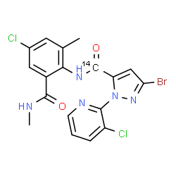 ChemSpider 2D Image | 3-Bromo-N-[4-chloro-2-methyl-6-(methylcarbamoyl)phenyl]-1-(3-chloro-2-pyridinyl)-1H-pyrazole-5-(~14~C)carboxamide | C1714CH14BrCl2N5O2