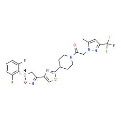ChemSpider 2D Image | 1-(4-{4-[5-(2,6-Difluorophenyl)(5-~14~C)-4,5-dihydro-1,2-oxazol-3-yl]-1,3-thiazol-2-yl}-1-piperidinyl)-2-[5-methyl-3-(trifluoromethyl)-1H-pyrazol-1-yl]ethanone | C2314CH22F5N5O2S