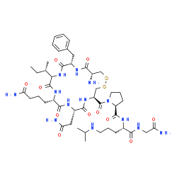 ChemSpider 2D Image | 1-({(4R,7S,10S,16S,19R)-19-Amino-10-(4-amino-4-oxobutyl)-7-(2-amino-2-oxoethyl)-16-benzyl-13-[(2S)-2-butanyl]-6,9,12,15,18-pentaoxo-1,2-dithia-5,8,11,14,17-pentaazacycloicosan-4-yl}carbonyl)-L-prolyl-
N~5~-isopropyl-L-ornithylglycinamide | C46H73N13O11S2