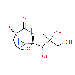 ChemSpider 2D Image | (1S,6R)-6-Hydroxy-5-methylene-1-[(1S)-1,2,3-trihydroxy-2-methylpropyl]-2-oxa-7,9-diazabicyclo[4.2.2]decane-8,10-dione | C12H18N2O7