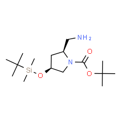 ChemSpider 2D Image | 2-Methyl-2-propanyl (2S,4S)-2-(aminomethyl)-4-{[dimethyl(2-methyl-2-propanyl)silyl]oxy}-1-pyrrolidinecarboxylate | C16H34N2O3Si