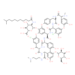 ChemSpider 2D Image | (1S,19R,22R,37R,40R,52S)-5,32-Dichloro-52-{[3-(dimethylamino)propyl]carbamoyl}-2,26,31,44,49-pentahydroxy-47-(alpha-D-mannopyranosyloxy)-22-(methylamino)-21,35,38,54,56,59-hexaoxo-7,13,28-trioxa-20,36
,39,53,55,58-hexaazaundecacyclo[38.14.2.2~3,6~.2~14,17~.2~19,34~.1~8,12~.1~23,27~.1~29,33~.1~41,45~.0~10,37~.0~46,51~]hexahexaconta-3,5,8(64),9,11,14,16,23(61),24,26,29(60),30,32,41(57),42,44,46,48,50
,62,65-henicosaen-64-yl 2-deoxy-2-[(10-methylundecanoyl)amino]-beta-D-glucopyranosiduronic acid | C88H100Cl2N10O28