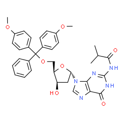 ChemSpider 2D Image | 9-{5-O-[Bis(4-methoxyphenyl)(phenyl)methyl]-2-deoxy-alpha-D-threo-pentofuranosyl}-2-(isobutyrylamino)-1,9-dihydro-6H-purin-6-one | C35H37N5O7