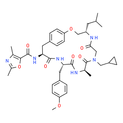 ChemSpider 2D Image | N-[(4S,10R,13S,16S)-8-(Cyclopropylmethyl)-4-isobutyl-13-(4-methoxybenzyl)-10-methyl-6,9,12,15-tetraoxo-2-oxa-5,8,11,14-tetraazabicyclo[16.2.2]docosa-1(20),18,21-trien-16-yl]-2,4-dimethyl-1,3-oxazole-5
-carboxamide | C40H52N6O8
