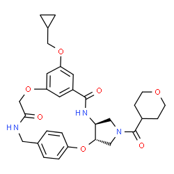 ChemSpider 2D Image | (3S,7S)-12-(Cyclopropylmethoxy)-5-(tetrahydro-2H-pyran-4-ylcarbonyl)-2,15-dioxa-5,8,18-triazatetracyclo[18.2.2.1~10,14~.0~3,7~]pentacosa-1(22),10(25),11,13,20,23-hexaene-9,17-dione | C30H35N3O7