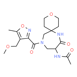 ChemSpider 2D Image | N-(11-{[4-(Methoxymethyl)-5-methyl-1,2-oxazol-3-yl]carbonyl}-8-oxo-3-oxa-7,11-diazaspiro[5.6]dodec-9-yl)acetamide | C18H26N4O6