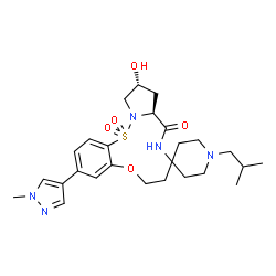 ChemSpider 2D Image | (10a'S,12'R)-12'-Hydroxy-1-isobutyl-3'-(1-methyl-1H-pyrazol-4-yl)-6',7',10a',11',12',13'-hexahydrospiro[piperidine-4,8'-pyrrolo[1,2-b][9,1,2,5]benzoxathiadiazacycloundecin]-10'(9'H)-one 15',15'-dioxid
e | C26H37N5O5S