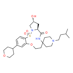 ChemSpider 2D Image | (10a'S,12'R)-12'-Hydroxy-1-(3-methylbutyl)-3'-(tetrahydro-2H-pyran-4-yl)-6',7',10a',11',12',13'-hexahydrospiro[piperidine-4,8'-pyrrolo[1,2-b][9,1,2,5]benzoxathiadiazacycloundecin]-10'(9'H)-one 15',15'
-dioxide | C28H43N3O6S