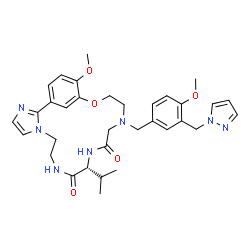 ChemSpider 2D Image | (11R)-11-Isopropyl-20-methoxy-15-[4-methoxy-3-(1H-pyrazol-1-ylmethyl)benzyl]-18-oxa-3,6,9,12,15-pentaazatricyclo[17.3.1.0~2,6~]tricosa-1(23),2,4,19,21-pentaene-10,13-dione | C33H41N7O5