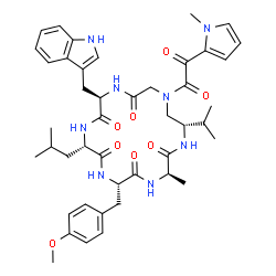 ChemSpider 2D Image | (3R,6S,9S,12R,18S)-12-(1H-Indol-3-ylmethyl)-9-isobutyl-18-isopropyl-6-(4-methoxybenzyl)-3-methyl-16-[(1-methyl-1H-pyrrol-2-yl)(oxo)acetyl]-1,4,7,10,13,16-hexaazacyclooctadecane-2,5,8,11,14-pentone | C44H56N8O8