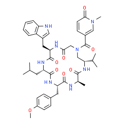 ChemSpider 2D Image | (3R,6S,9S,12R,18S)-12-(1H-Indol-3-ylmethyl)-9-isobutyl-18-isopropyl-6-(4-methoxybenzyl)-3-methyl-16-[(1-methyl-6-oxo-1,6-dihydro-3-pyridinyl)carbonyl]-1,4,7,10,13,16-hexaazacyclooctadecane-2,5,8,11,14
-pentone | C44H56N8O8