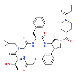 ChemSpider 2D Image | (2S,6R,9S,15S)-9-Benzyl-13-(cyclopropylmethyl)-15-[(1R)-1-hydroxyethyl]-4-[(1-propionyl-4-piperidinyl)carbonyl]-19-oxa-4,7,10,13,16-pentaazatricyclo[18.3.1.0~2,6~]tetracosa-1(24),20,22-triene-8,11,14,
17-tetrone | C40H52N6O8