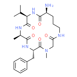 ChemSpider 2D Image | (6S,9R,12R,15S)-15-Amino-6-benzyl-12-isopropyl-4,9-dimethyl-1,4,7,10,13-pentaazacyclooctadecane-2,5,8,11,14-pentone | C25H38N6O5