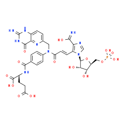ChemSpider 2D Image | N-(4-{[(2E)-3-{4-[Hydroxy(imino)methyl]-1-(5-O-phosphono-beta-L-ribofuranosyl)-1H-imidazol-5-yl}-2-propenoyl][(2-imino-4-oxo-1,2,3,4-tetrahydropyrido[3,2-d]pyrimidin-6-yl)methyl]amino}benzoyl)-D-gluta
mic acid | C32H34N9O15P