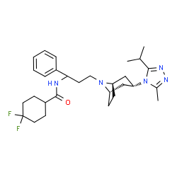 ChemSpider 2D Image | 4,4-Difluoro-N-{3-[(3-endo)-3-(3-isopropyl-5-methyl-4H-1,2,4-triazol-4-yl)-8-azabicyclo[3.2.1]oct-8-yl]-1-phenylpropyl}cyclohexanecarboxamide | C29H41F2N5O