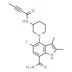 ChemSpider 2D Image | 4-[3-(2-Butynoylamino)-1-piperidinyl]-5-fluoro-2,3-dimethyl-1H-indole-7-carboxamide | C20H23FN4O2