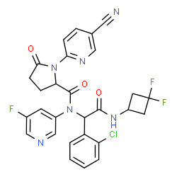 ChemSpider 2D Image | N-{1-(2-Chlorophenyl)-2-[(3,3-difluorocyclobutyl)amino]-2-oxoethyl}-1-(5-cyano-2-pyridinyl)-N-(5-fluoro-3-pyridinyl)-5-oxoprolinamide | C28H22ClF3N6O3