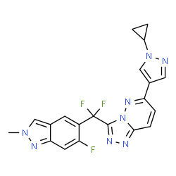 ChemSpider 2D Image | 5-{[6-(1-cyclopropylpyrazol-4-yl)-[1,2,4]triazolo[4,3-b]pyridazin-3-yl]difluoromethyl}-6-fluoro-2-methylindazole | C20H15F3N8