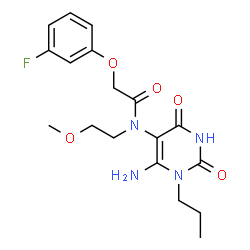 ChemSpider 2D Image | N-(6-Amino-2,4-dioxo-1-propyl-1,2,3,4-tetrahydro-5-pyrimidinyl)-2-(3-fluorophenoxy)-N-(2-methoxyethyl)acetamide | C18H23FN4O5