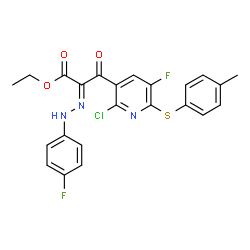 ChemSpider 2D Image | Ethyl (2Z)-3-{2-chloro-5-fluoro-6-[(4-methylphenyl)sulfanyl]-3-pyridinyl}-2-[(4-fluorophenyl)hydrazono]-3-oxopropanoate | C23H18ClF2N3O3S