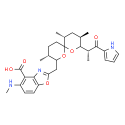 ChemSpider 2D Image | 5-(Methylamino)-2-({(3R,9R,11R)-3,9,11-trimethyl-8-[(2R)-1-oxo-1-(1H-pyrrol-2-yl)-2-propanyl]-1,7-dioxaspiro[5.5]undec-2-yl}methyl)-1,3-benzoxazole-4-carboxylic acid | C29H37N3O6