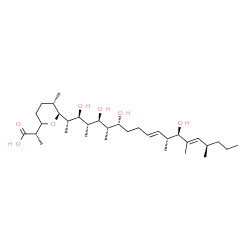 ChemSpider 2D Image | (2S)-2-{(5S,6S)-5-Methyl-6-[(2S,3S,4S,5S,6S,7R,10E,12R,13R,14E,16R)-3,5,7,13-tetrahydroxy-4,6,12,14,16-pentamethyl-10,14-nonadecadien-2-yl]tetrahydro-2H-pyran-2-yl}propanoic acid | C33H60O7