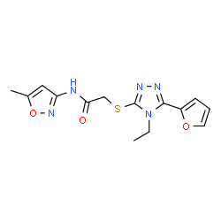 ChemSpider 2D Image | 2-{[4-Ethyl-5-(2-furyl)-4H-1,2,4-triazol-3-yl]sulfanyl}-N-(5-methyl-1,2-oxazol-3-yl)acetamide | C14H15N5O3S