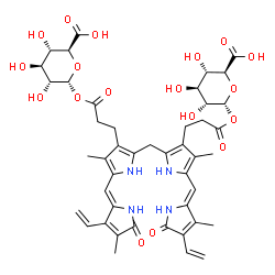 ChemSpider 2D Image | (2S,3S,4S,5R,6R)-6-[3-[2-[[3-[3-[(2R,3R,4S,5S,6S)-6-carboxy-3,4,5-trihydroxy-tetrahydropyran-2-yl]oxy-3-oxo-propyl]-4-methyl-5-[(Z)-(4-methyl-5-oxo-3-vinyl-pyrrol-2-ylidene)methyl]-1H-pyrrol-2-yl]methyl]-4-methyl-5-[(Z)-(3-methyl-5-oxo-4-vinyl-pyrrol-2-ylidene)methyl]-1H-pyrrol-3-yl]propanoyloxy]-3,4,5-trihydroxy-tetrahydropyran-2-carboxylic acid | C45H52N4O18