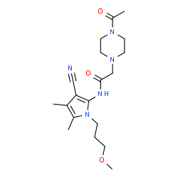 ChemSpider 2D Image | 2-(4-Acetyl-1-piperazinyl)-N-[3-cyano-1-(3-methoxypropyl)-4,5-dimethyl-1H-pyrrol-2-yl]acetamide | C19H29N5O3