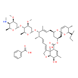 ChemSpider 2D Image | (1'R,2S,4'S,5S,6R,8'R,10'E,12'S,13'S,14'E,16'E,20'R,21'R,24'S)-6-sec-Butyl-21',24'-dihydroxy-5,11',13',22'-tetramethyl-2'-oxo-5,6-dihydrospiro[pyran-2,6'-[3,7,19]trioxatetracyclo[15.6.1.1~4,8~.0~20,24
~]pentacosa[10,14,16,22]tetraen]-12'-yl 2,6-dideoxy-3-O-methyl-4-O-[2,4,6-trideoxy-3-O-methyl-4-(methylamino)-alpha-L-lyxo-hexopyranosyl]-L-arabino-hexopyranoside benzoate (1:1) | C56H81NO15
