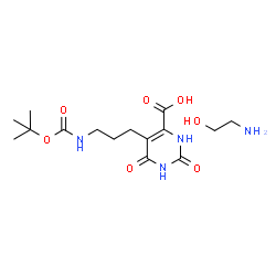 ChemSpider 2D Image | 5-[3-({[(2-Methyl-2-propanyl)oxy]carbonyl}amino)propyl]-2,6-dioxo-1,2,3,6-tetrahydro-4-pyrimidinecarboxylic acid - 2-aminoethanol (1:1) | C15H26N4O7