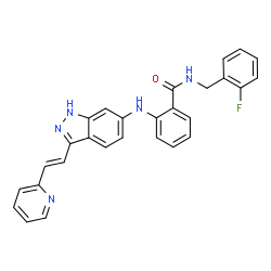 ChemSpider 2D Image | N-(2-Fluorobenzyl)-2-({3-[(E)-2-(2-pyridinyl)vinyl]-1H-indazol-6-yl}amino)benzamide | C28H22FN5O