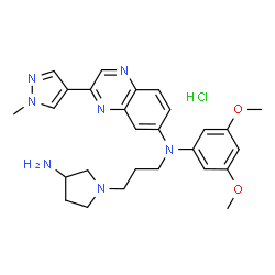 ChemSpider 2D Image | N-[3-(3-Amino-1-pyrrolidinyl)propyl]-N-(3,5-dimethoxyphenyl)-3-(1-methyl-1H-pyrazol-4-yl)-6-quinoxalinamine hydrochloride (1:1) | C27H34ClN7O2