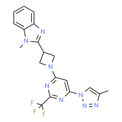 ChemSpider 2D Image | 1-Methyl-2-{1-[6-(4-methyl-1H-1,2,3-triazol-1-yl)-2-(trifluoromethyl)-4-pyrimidinyl]-3-azetidinyl}-1H-benzimidazole | C19H17F3N8