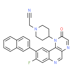 ChemSpider 2D Image | {4-[8-Fluoro-9-(2-naphthyl)-2-oxopyrazino[2,3-c]quinolin-1(2H)-yl]-1-piperidinyl}acetonitrile | C28H22FN5O