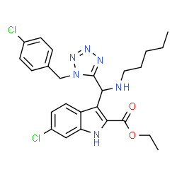 ChemSpider 2D Image | Ethyl 6-chloro-3-{[1-(4-chlorobenzyl)-1H-tetrazol-5-yl](pentylamino)methyl}-1H-indole-2-carboxylate | C25H28Cl2N6O2