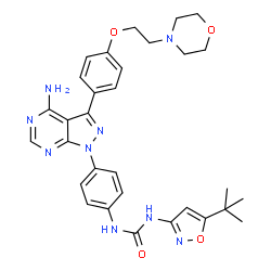 ChemSpider 2D Image | 1-[4-(4-Amino-3-{4-[2-(4-morpholinyl)ethoxy]phenyl}-1H-pyrazolo[3,4-d]pyrimidin-1-yl)phenyl]-3-[5-(2-methyl-2-propanyl)-1,2-oxazol-3-yl]urea | C31H35N9O4
