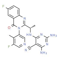 ChemSpider 2D Image | 2,4-Diamino-6-({(1S)-1-[6-fluoro-3-(5-fluoro-4-methyl-3-pyridinyl)-4-oxo-3,4-dihydro-2-quinazolinyl]ethyl}amino)-5-pyrimidinecarbonitrile | C21H17F2N9O