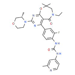 ChemSpider 2D Image | 1-(4-{6-Ethyl-8,8-dimethyl-2-[(3S)-3-methyl-4-morpholinyl]-5-oxo-5,6,7,8-tetrahydropyrimido[5,4-f][1,4]oxazepin-4-yl}-2-fluorophenyl)-3-(2-methyl-4-pyridinyl)urea | C29H34FN7O4