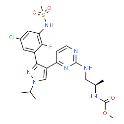 ChemSpider 2D Image | Methyl [(2R)-1-{[4-(3-{5-chloro-2-fluoro-3-[(methylsulfonyl)amino]phenyl}-1-isopropyl-1H-pyrazol-4-yl)-2-pyrimidinyl]amino}-2-propanyl]carbamate | C22H27ClFN7O4S