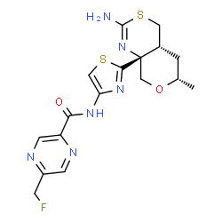ChemSpider 2D Image | N-{2-[(4aR,6S,8aR)-2-Amino-6-methyl-4,4a,5,6-tetrahydropyrano[3,4-d][1,3]thiazin-8a(8H)-yl]-1,3-thiazol-4-yl}-5-(fluoromethyl)-2-pyrazinecarboxamide | C17H19FN6O2S2