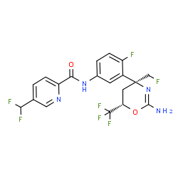 ChemSpider 2D Image | N-{3-[(4S,6S)-2-Amino-4-(fluoromethyl)-6-(trifluoromethyl)-5,6-dihydro-4H-1,3-oxazin-4-yl]-4-fluorophenyl}-5-(difluoromethyl)-2-pyridinecarboxamide | C19H15F7N4O2