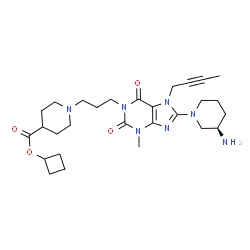 ChemSpider 2D Image | Cyclobutyl 1-(3-{8-[(3R)-3-amino-1-piperidinyl]-7-(2-butyn-1-yl)-3-methyl-2,6-dioxo-2,3,6,7-tetrahydro-1H-purin-1-yl}propyl)-4-piperidinecarboxylate | C28H41N7O4