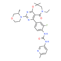 ChemSpider 2D Image | 1-(4-{6-Ethyl-8,8-dimethyl-2-[(3S)-3-methyl-4-morpholinyl]-5-oxo-5,6,7,8-tetrahydropyrimido[5,4-f][1,4]oxazepin-4-yl}-2-fluorophenyl)-3-(6-methyl-3-pyridinyl)urea | C29H34FN7O4